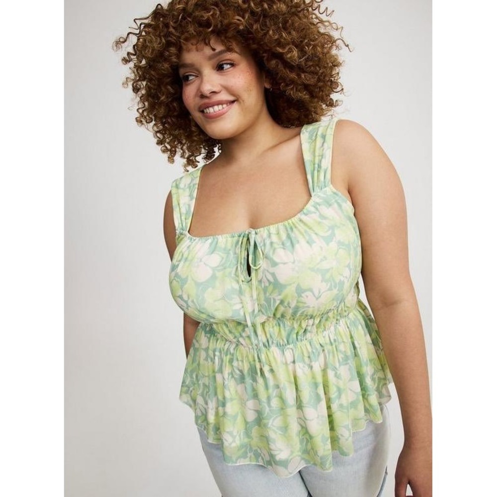Torrid Green Floral‎ Stretch Mesh Babydoll Top Square Neck Keyhole Plus Size 0 L